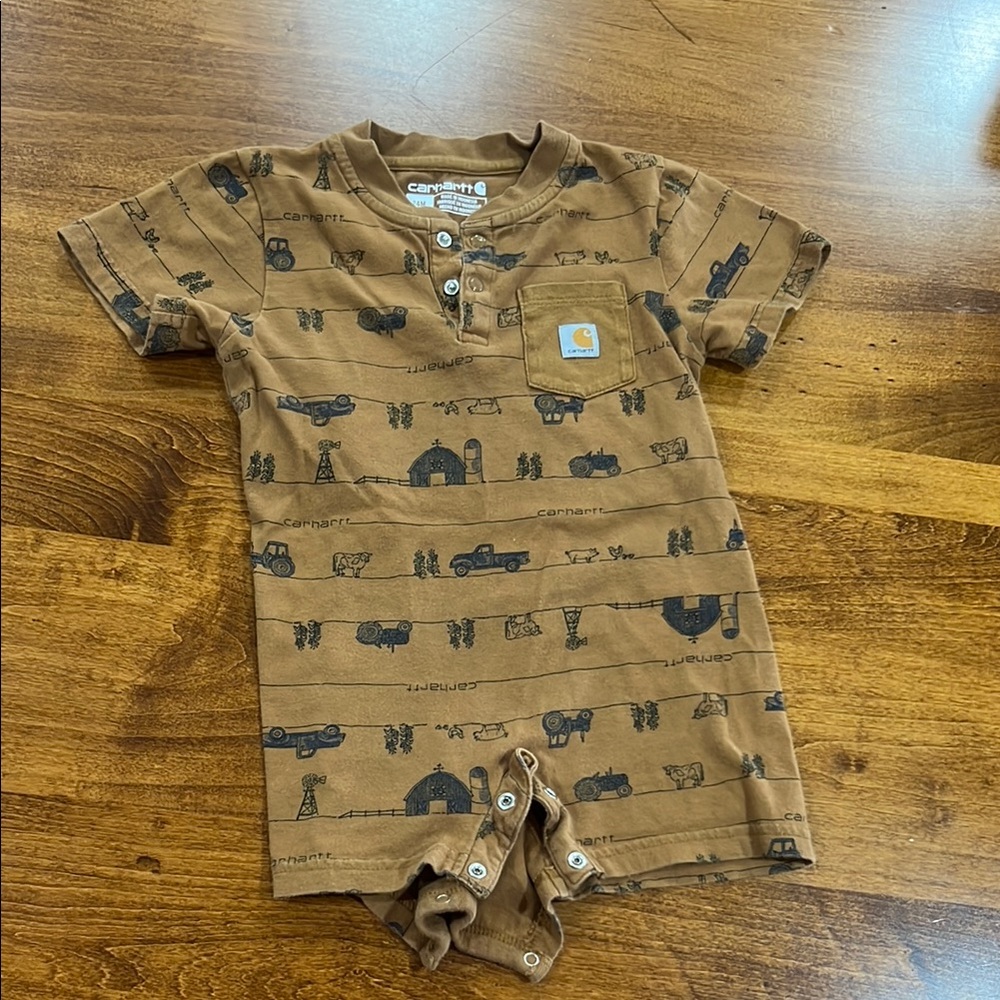 Carhartt Brown Baby Romper with Farm Print